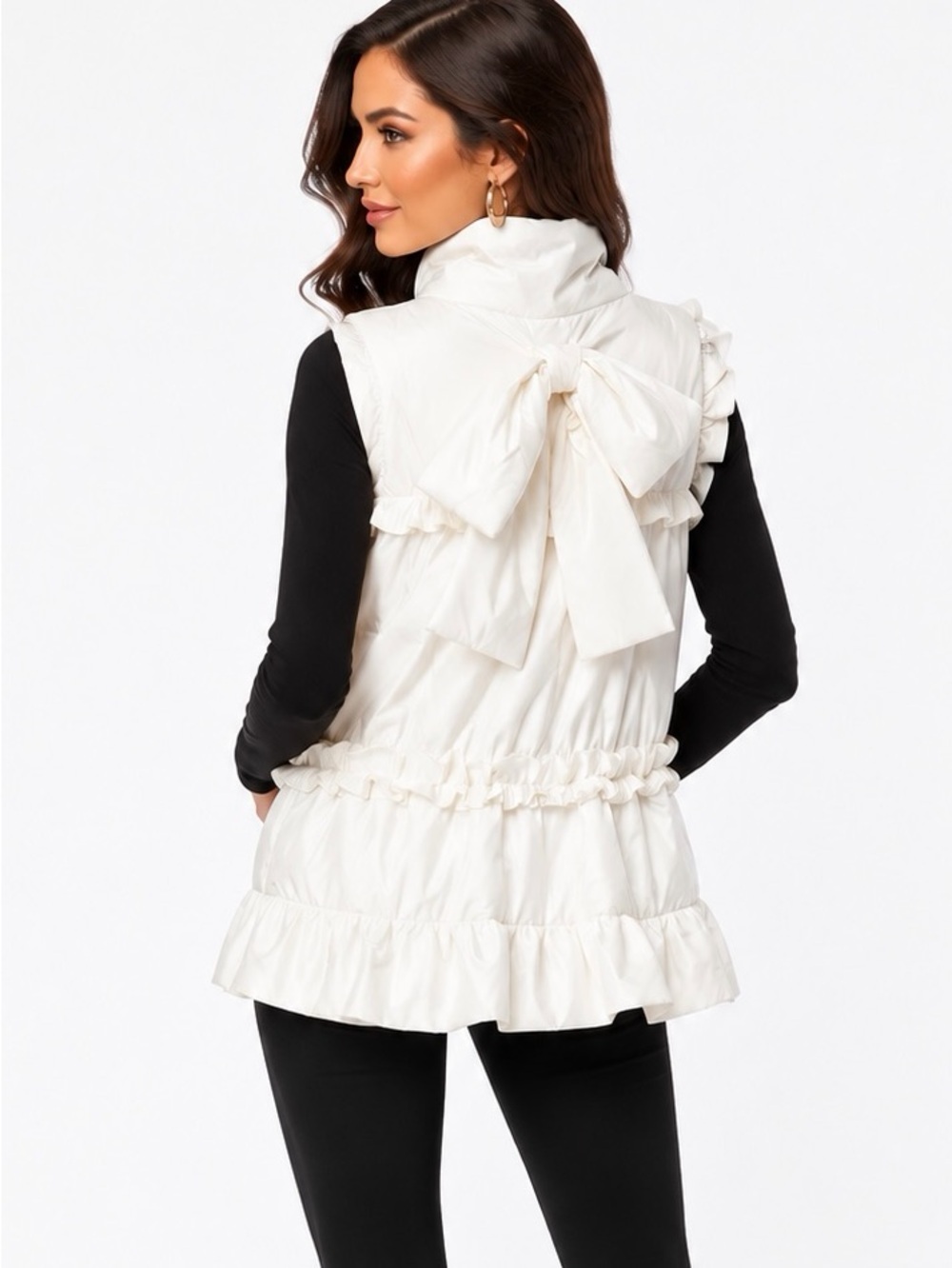 TCEC White Puffer Vest Size Large Bow Back Ruffle Trim Zip Front Quilted